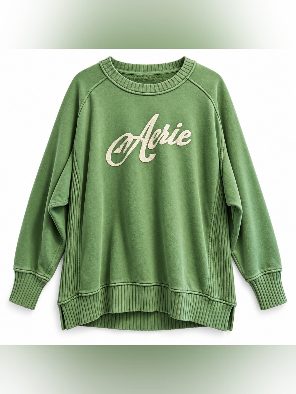Aerie Green Oversized Logo Crewneck Sweatshirt Ribbed Side Panels Oversized Sz.M